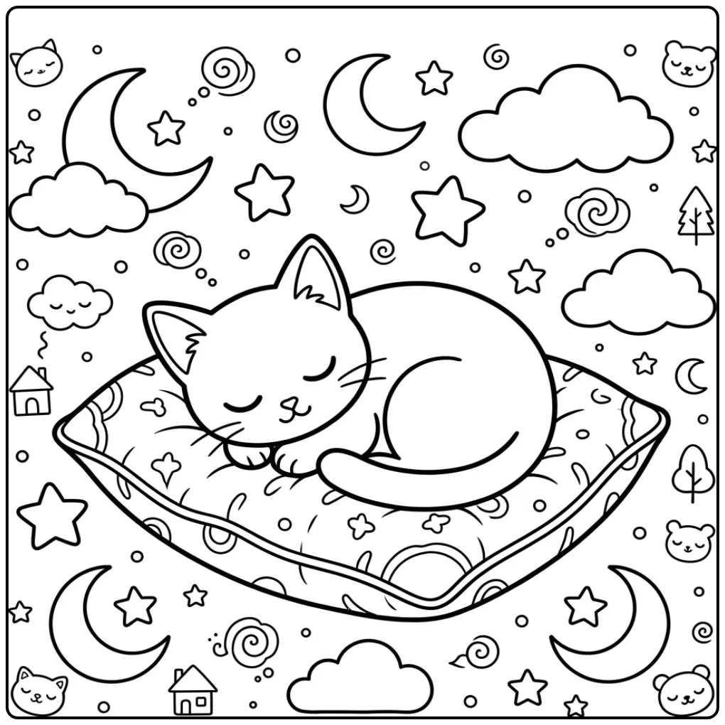Dreamy Cute Kitten Among Moons and Stars coloring page