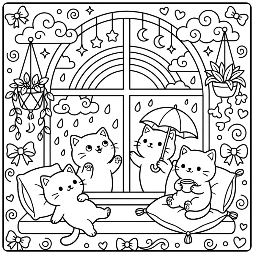 Dreamy Kittens by a Window with a Rainbow coloring page