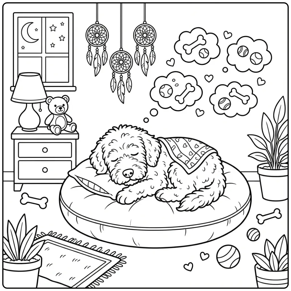 Sleeping Labradoodle Puppy with Moon and Stars coloring page