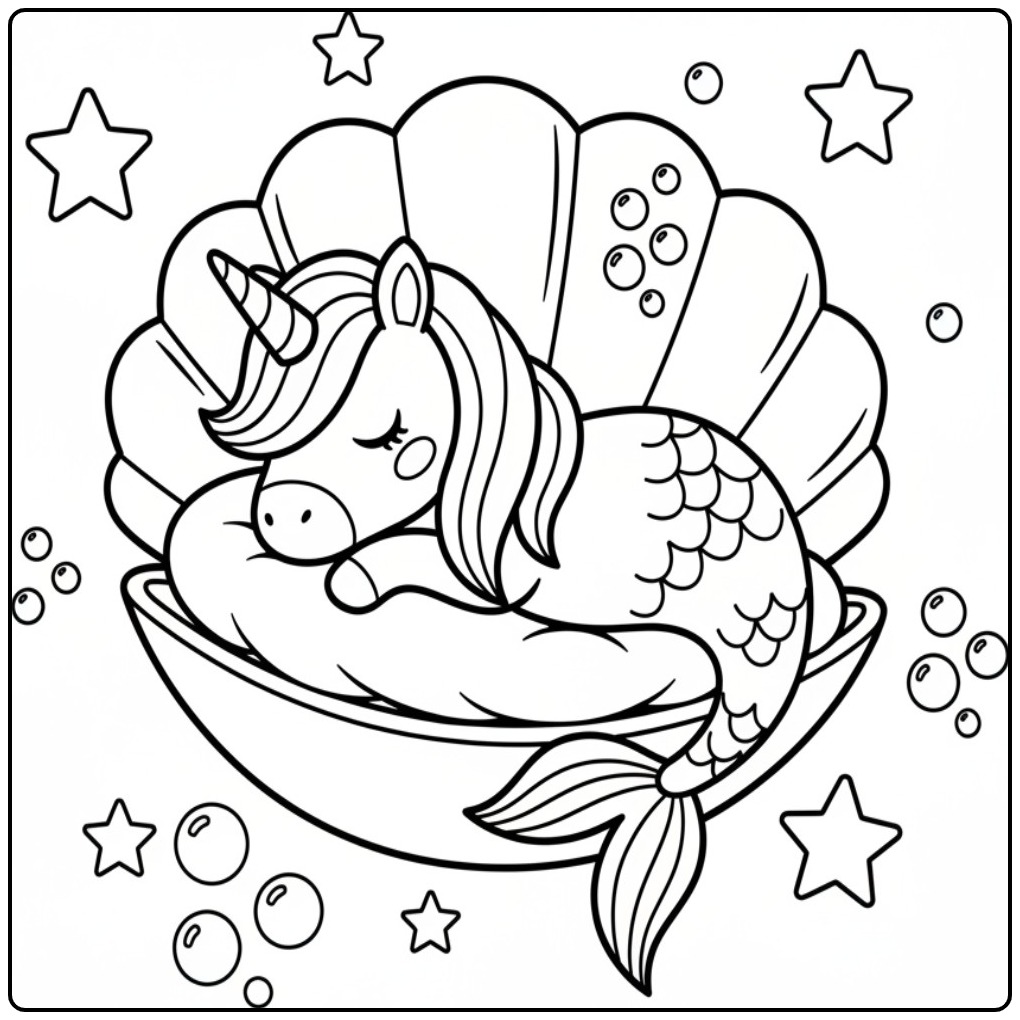 Dreamy Unicorn Mermaid in a Oyster Shell coloring page