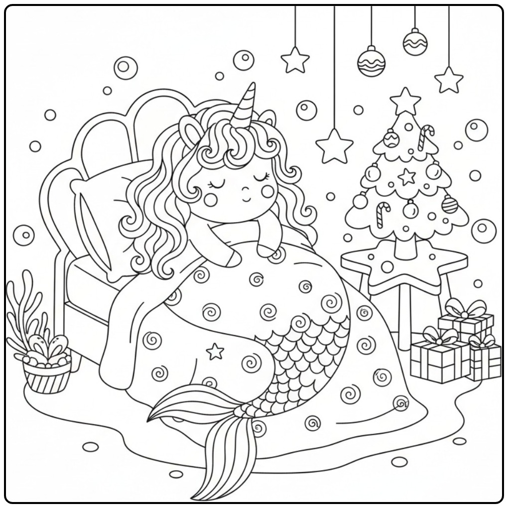 Dreamy Unicorn Mermaid with the Christmas Tree coloring page