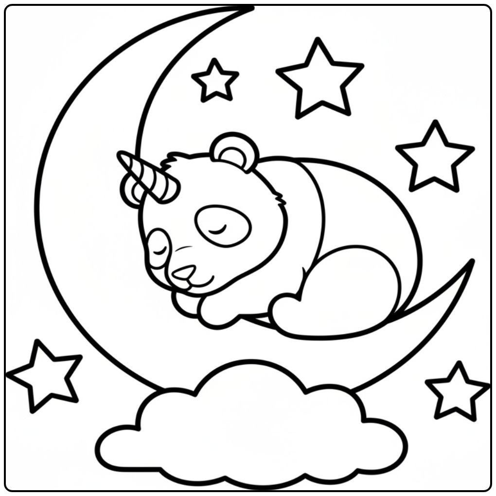 Dreamy Night Scene Unicorn Panda coloring page