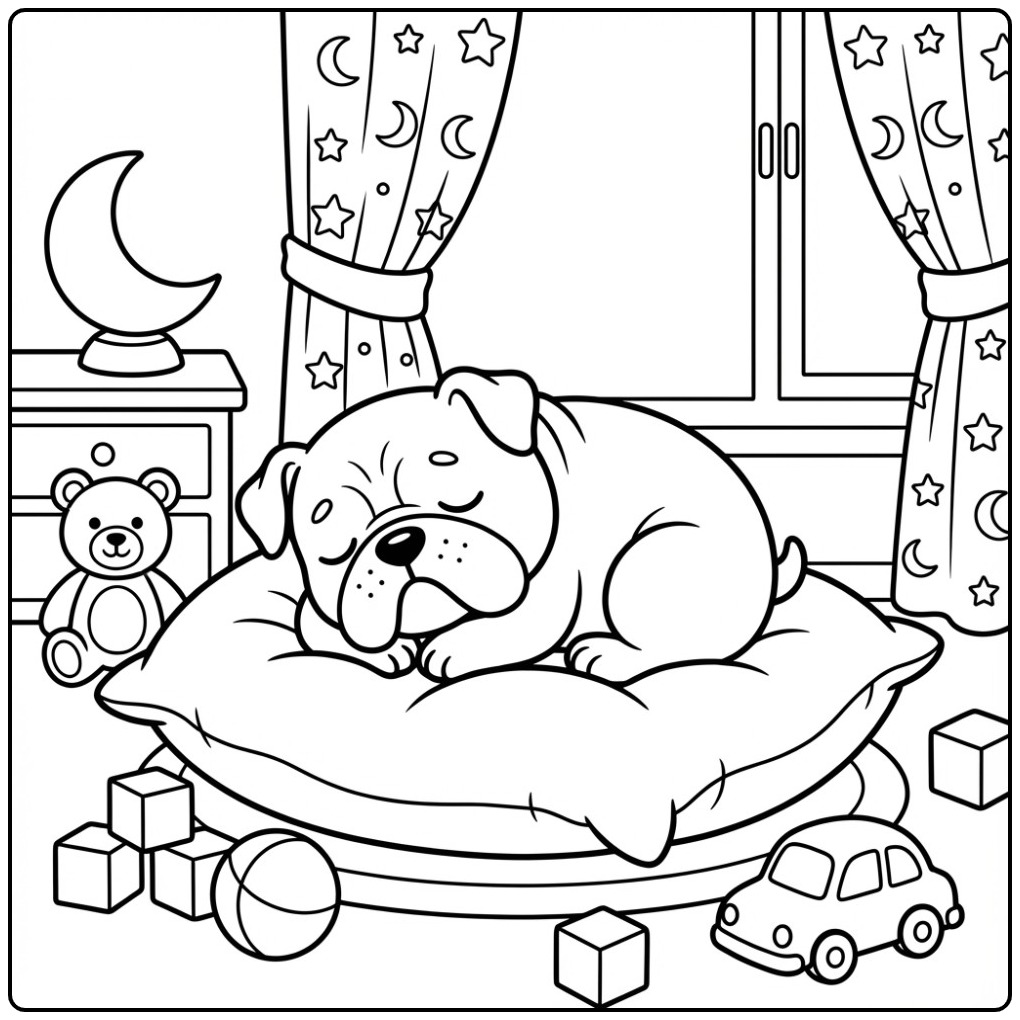 Sleeping Bulldog Puppy on a Pillow coloring page