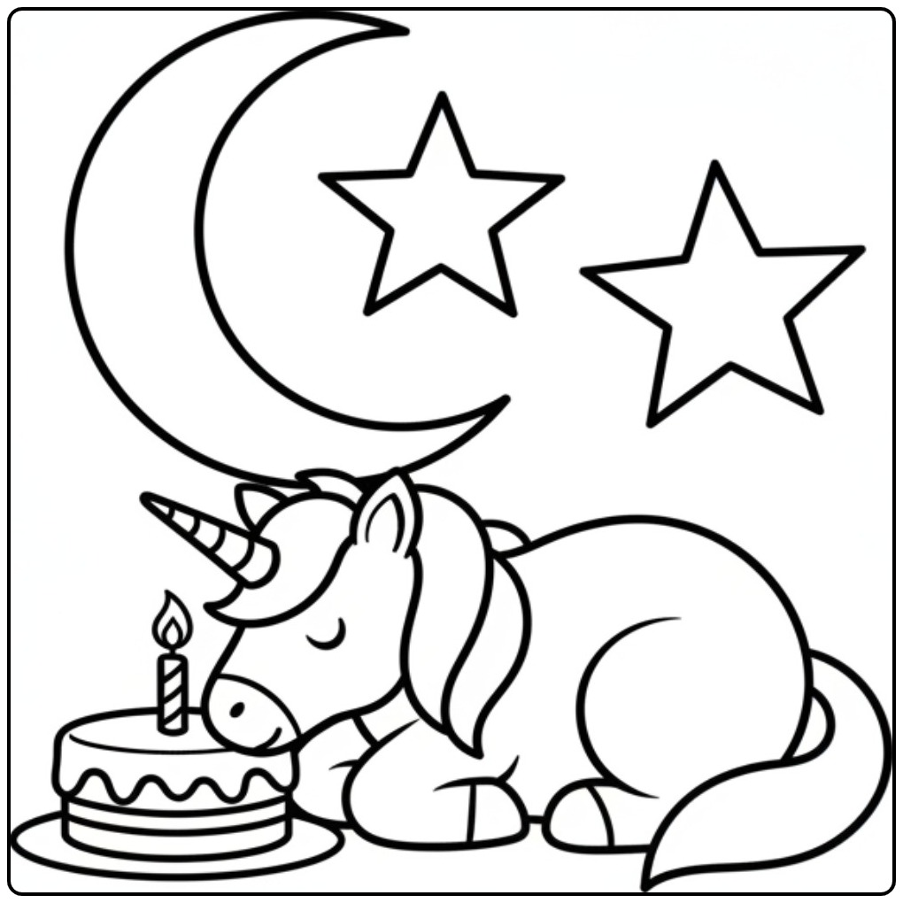 Dreamy Scene with Cake the Unicorn Birthday coloring page