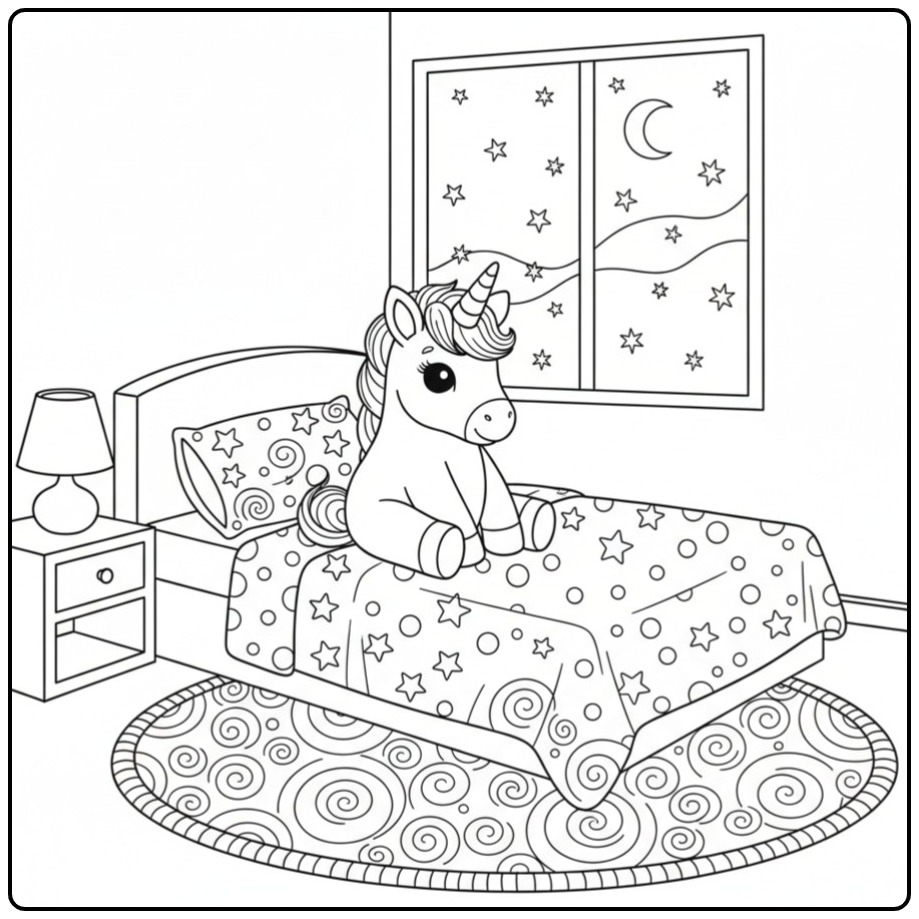 Dreamy Bedroom Baby Unicorn for the Sleeping coloring page