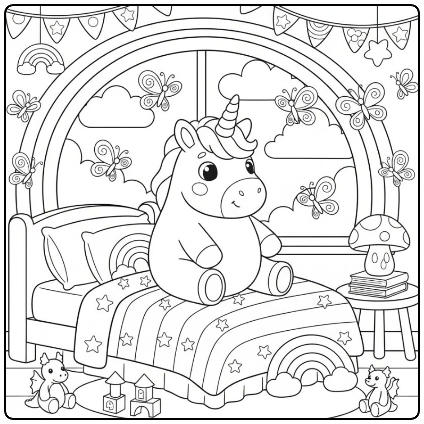 Dreamy and Butterflies Rainbow with Unicorn coloring page