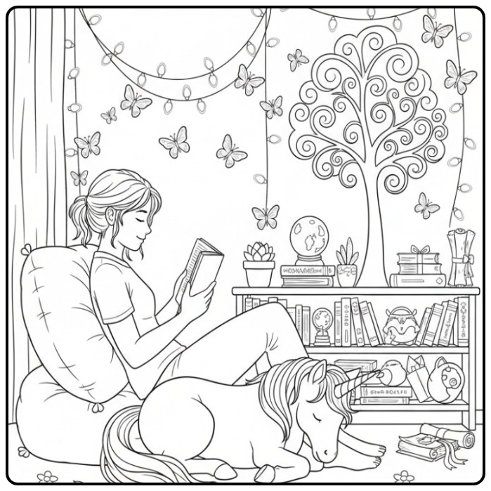 Droomwereld Butterflies Unicorn with Reading Girl coloring page