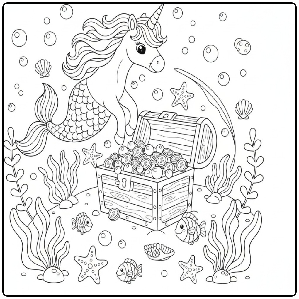 Dive in the Sea with This Fun Unicorn Mermaid and Friends coloring page