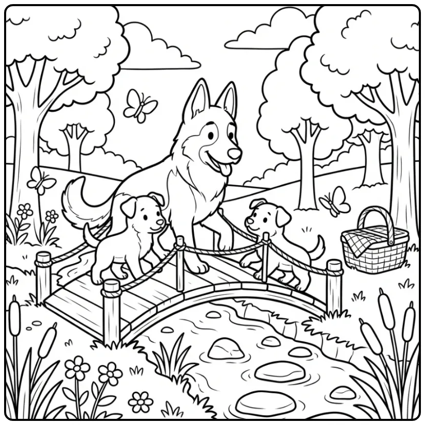 German Shepherd Teaching Puppies at a Bridge coloring page