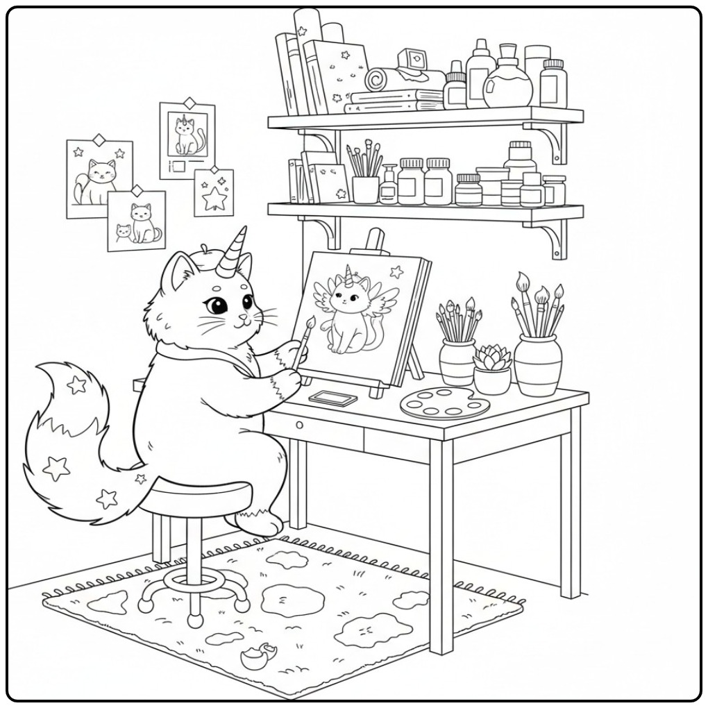 A Artistic Unicorn Cat coloring page