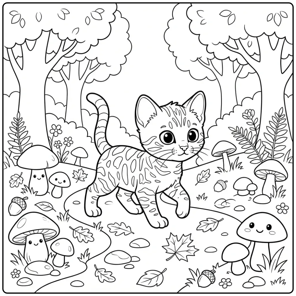 Adventurous Cute Kitten in Nature coloring page