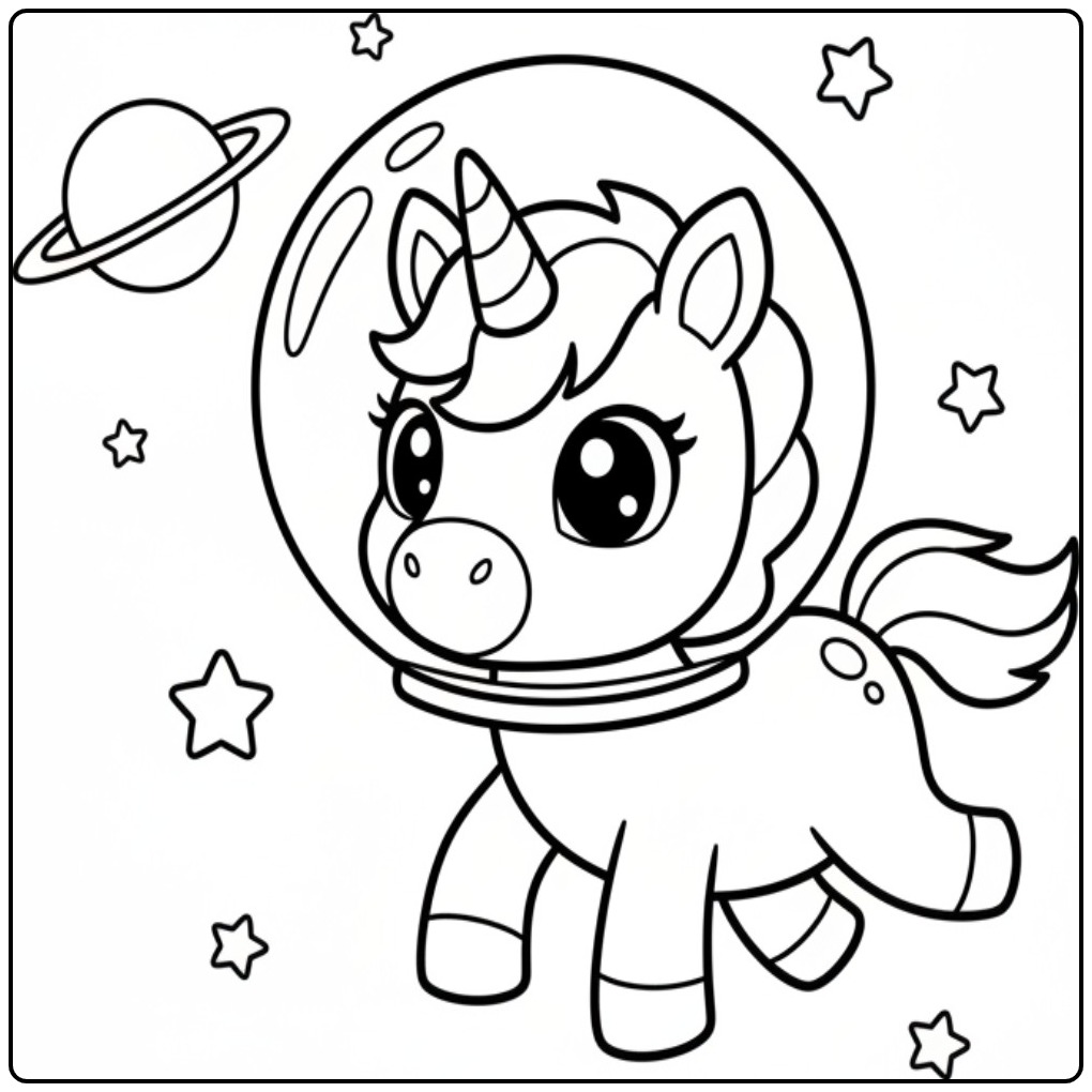 A Baby Unicorn as Astronaut in the Space coloring page