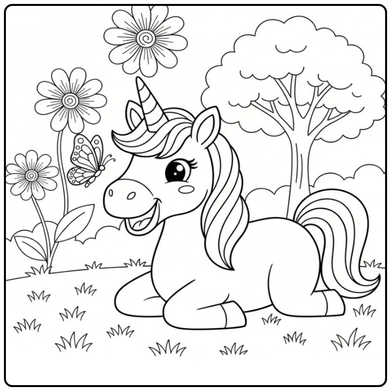 A Happy Butterflies Unicorn Enjoying the Nature coloring page