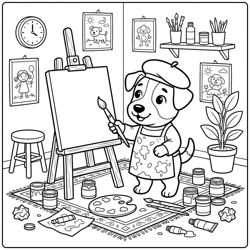Creative Jack Russell Artist in a Studio coloring page