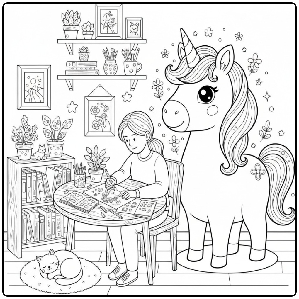 Creative Afternoon with a Unicorn Cute coloring page