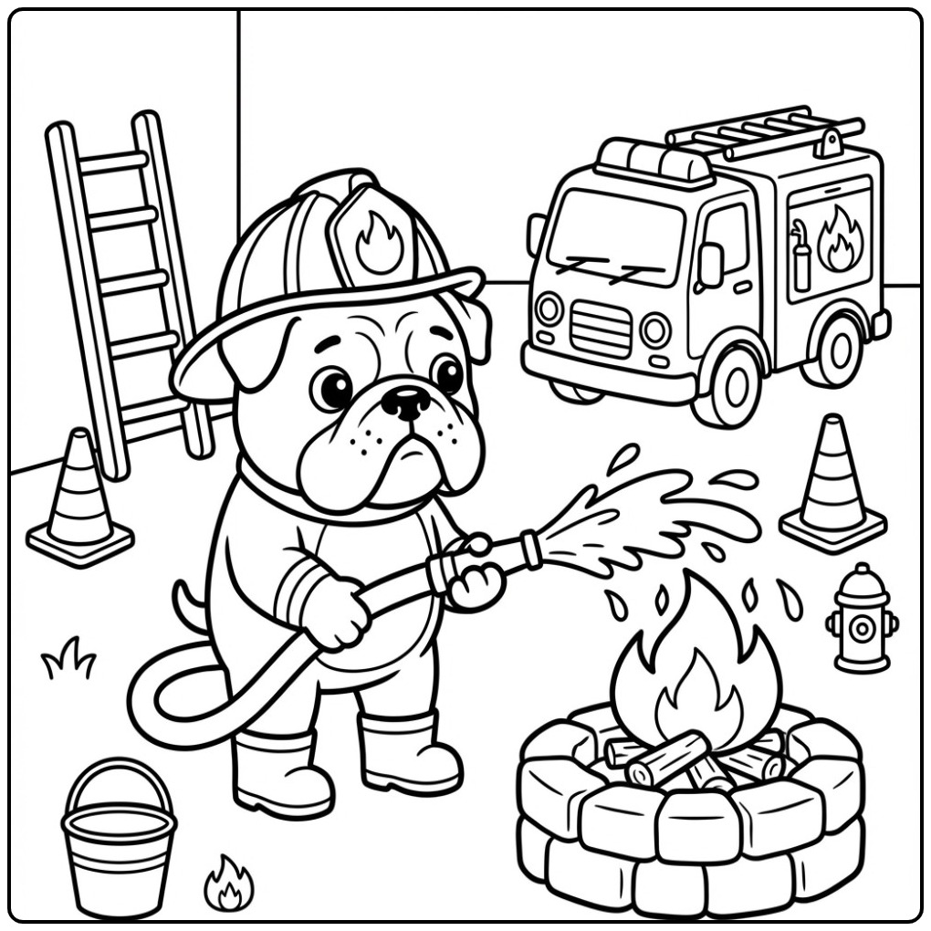 Bulldog Firefighter Putting Out a Fire coloring page