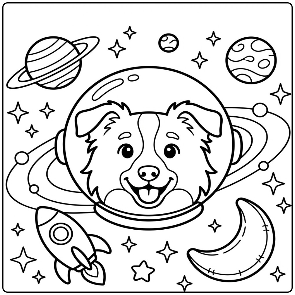 Border Collie Astronaut Dog Head in Space coloring page