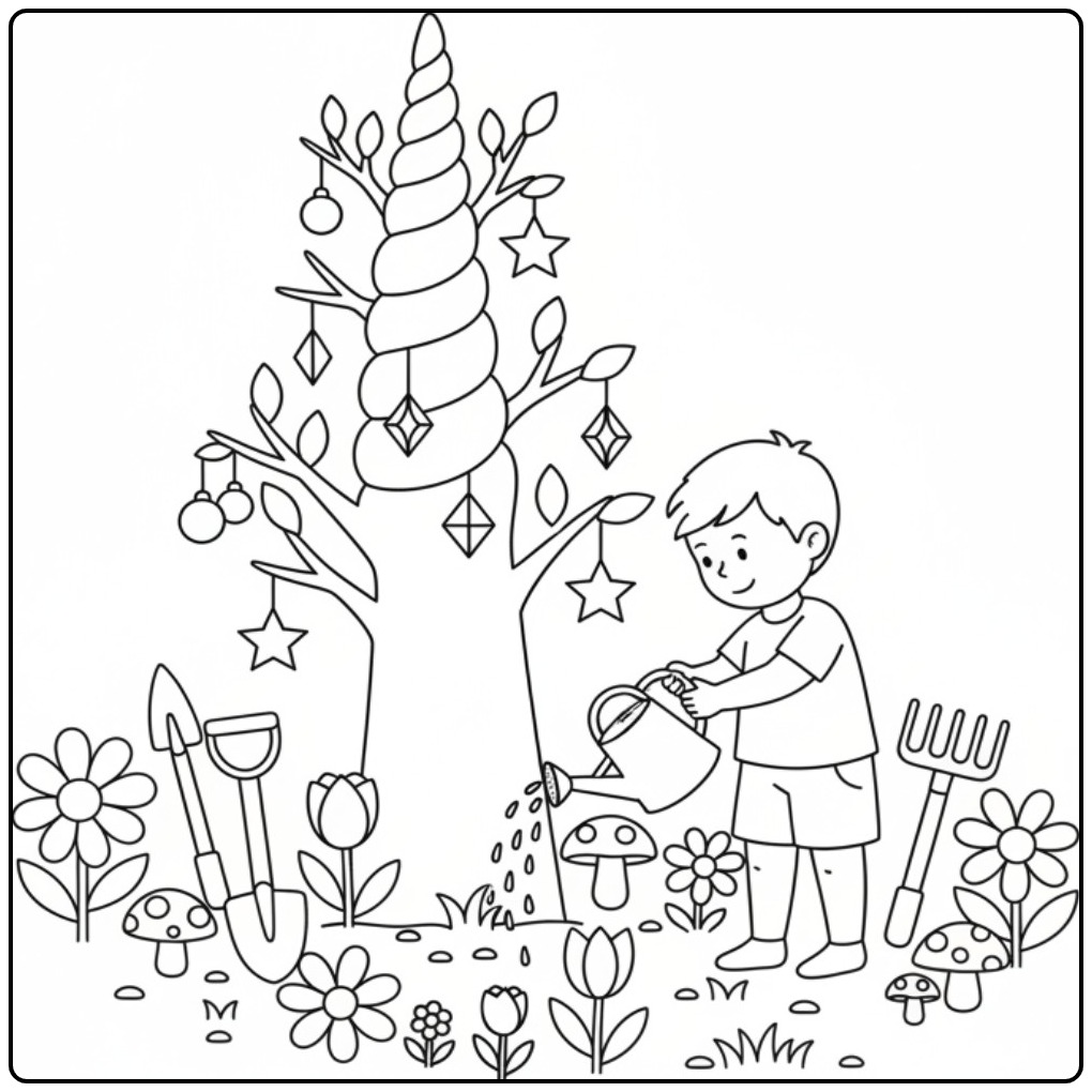 Fantasy Garden with a Unicorn Horn Tree coloring page
