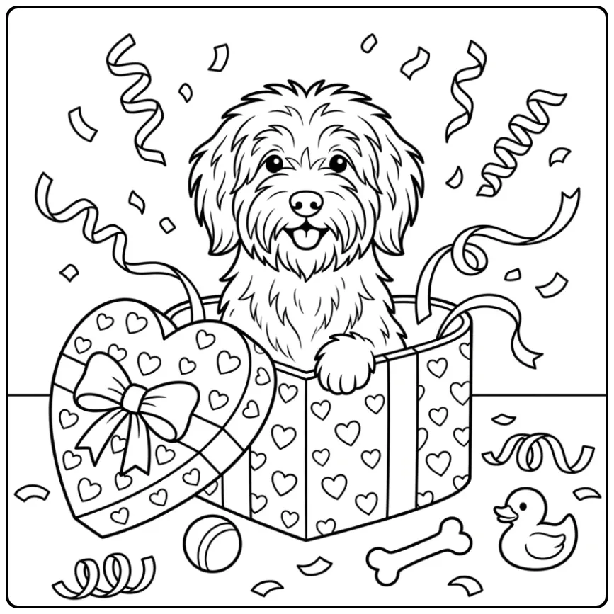 Schapendoes Jumping Out of a Heart-Shaped Gift Box coloring page