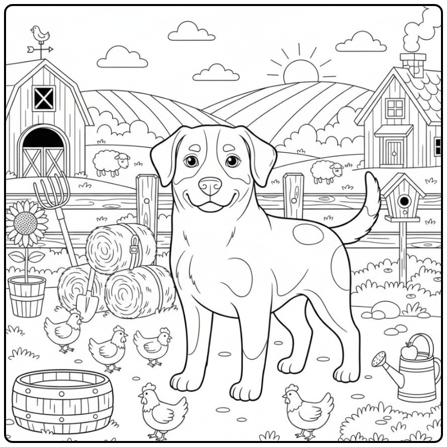 Greater Swiss Mountain Dog on a Farm coloring page