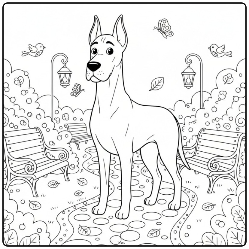 Great Dane Walking Through an Autumn Park coloring page