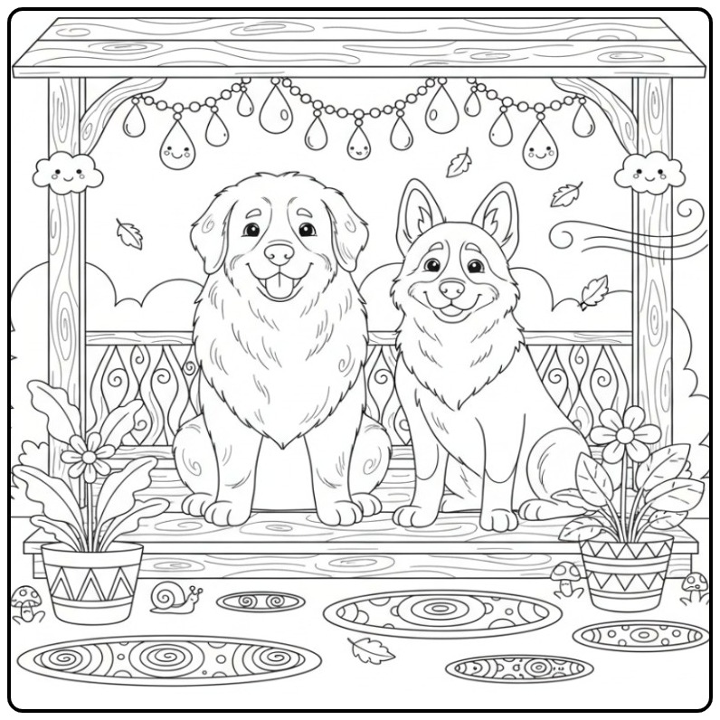 Newfoundland, Bernese Mountain Dog, and German Shepherd on a Porch coloring page