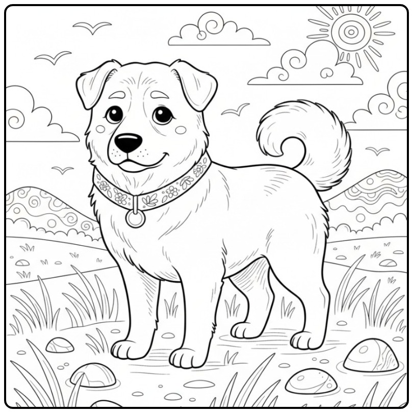 Central Asian Shepherd in a Windy Field coloring page