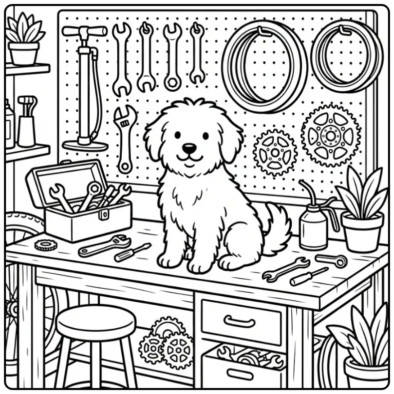 Hollandse Smoushond in a Bicycle Workshop coloring page