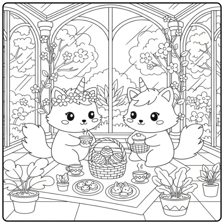 A Cozy Party Unicorn Cat Easter coloring page
