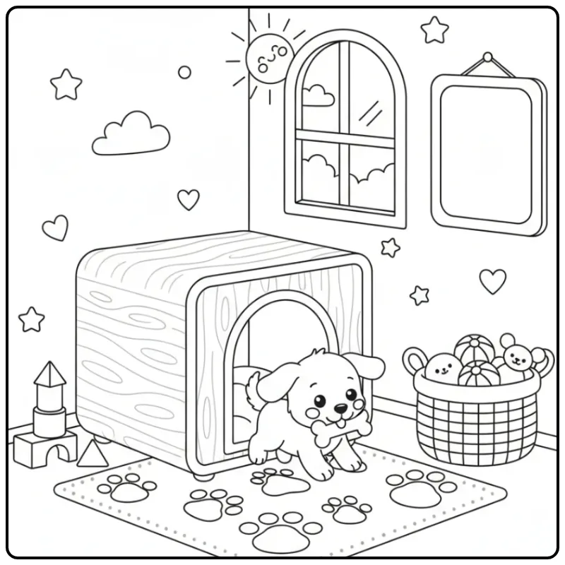Puppy Bringing a Toy to a Doghouse coloring page