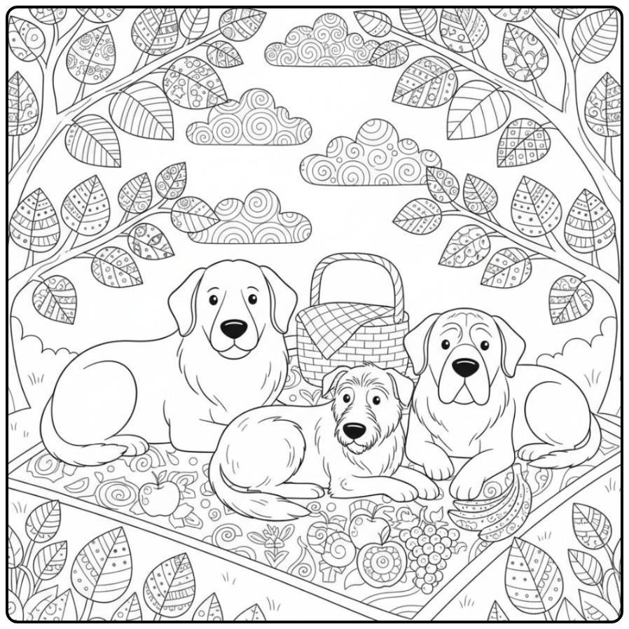Great Pyrenees, Irish Wolfhound, and Mastiff at a Picnic coloring page