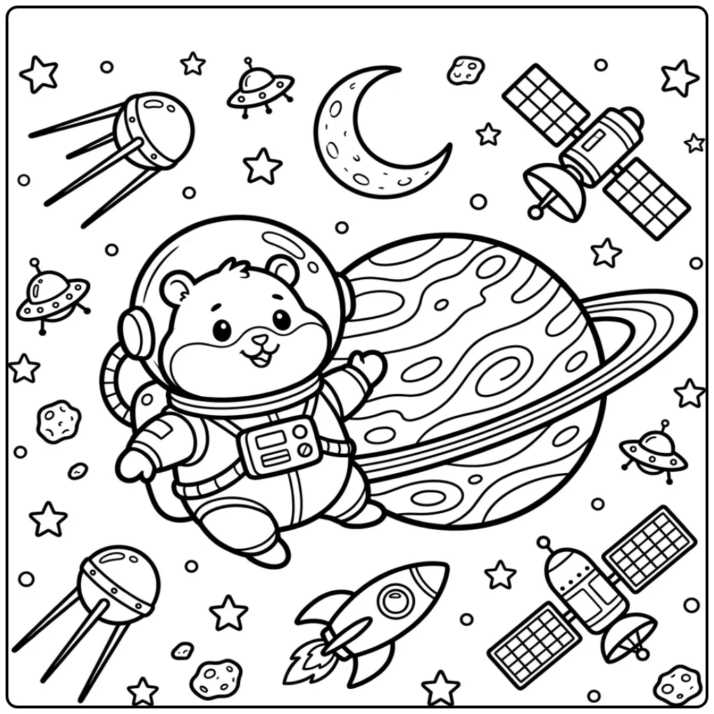Cute Hamster coloring page astronaut among stars