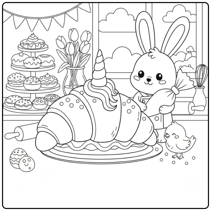 A Rabbit Decorates the Unicorn Paastaart coloring page