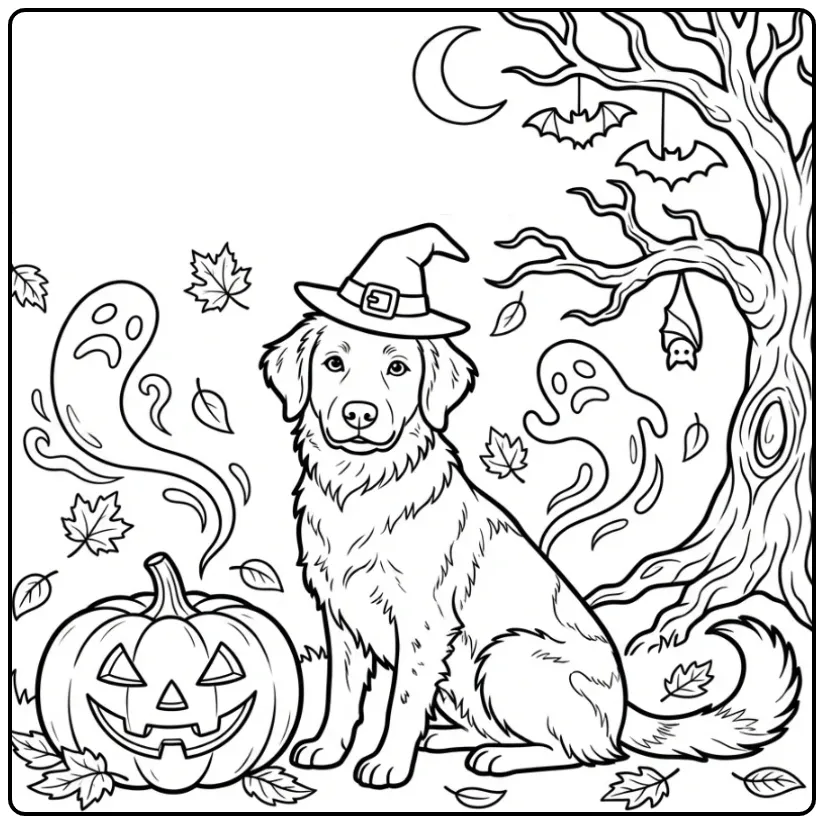 Halloween Dog with a Witch Hat and Pumpkin coloring page
