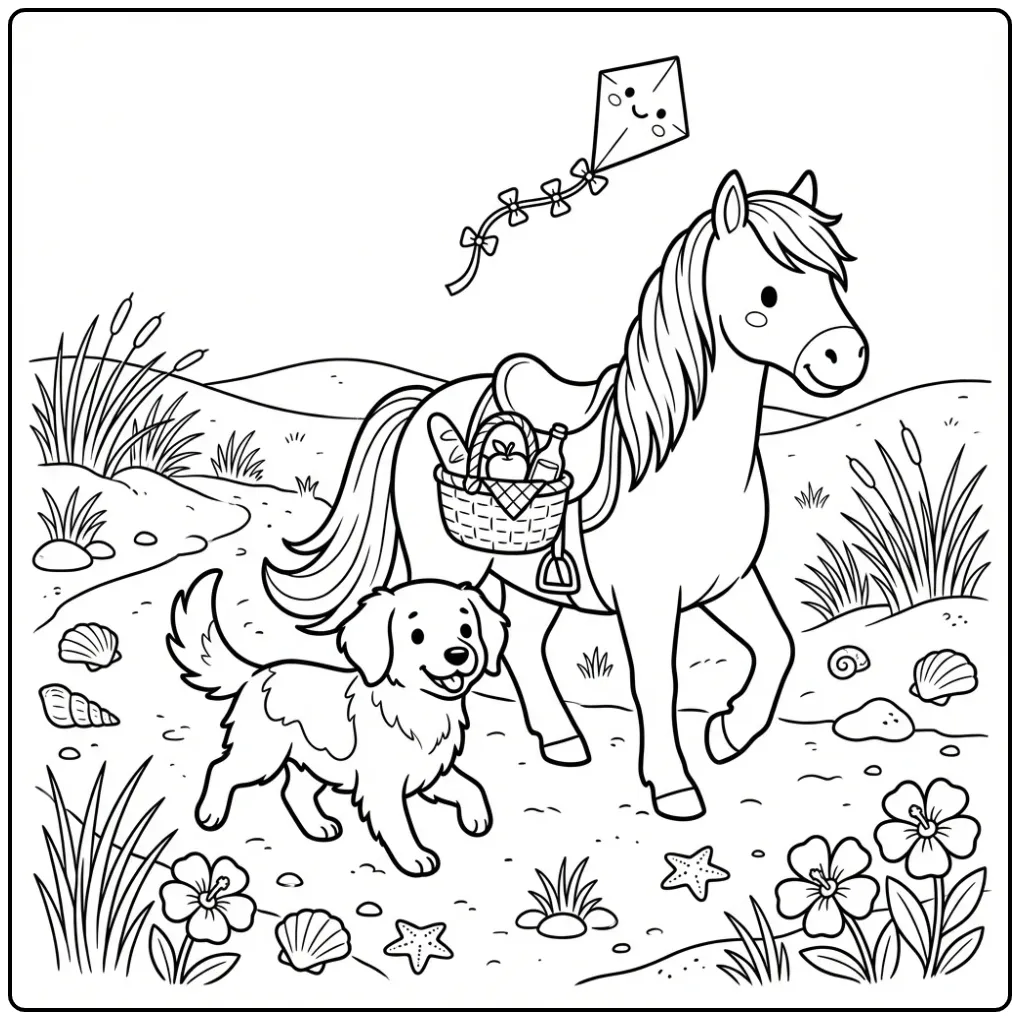 Frisian Stabyhoun and Horse Carrying a Picnic Basket coloring page
