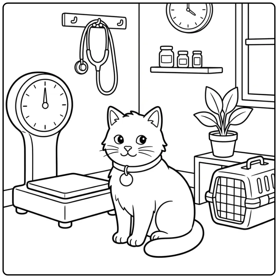 Cat coloring page with collar beside a scale