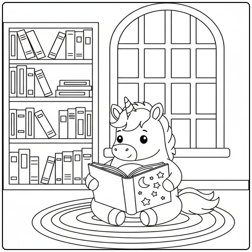 A Reading Baby Unicorn in the Library coloring page