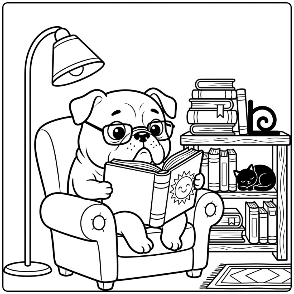 Bulldog Reading with Glasses coloring page