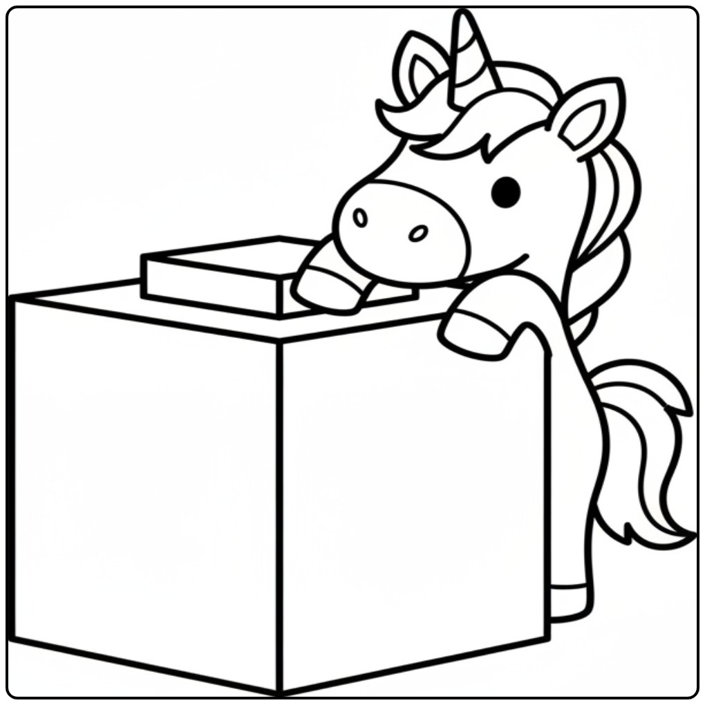 Sweet Baby Unicorn Hidden Behind a Big Box coloring page