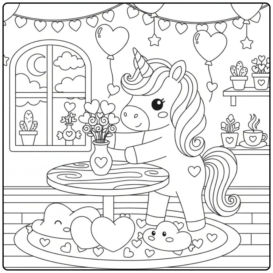 A Sweet and Cute Unicorn Valentijnscoloring Page coloring page