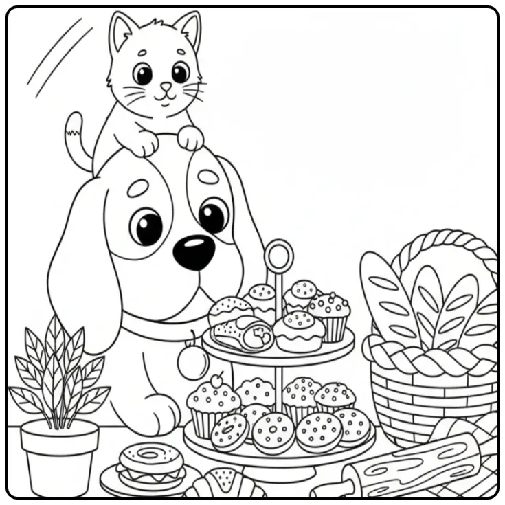 Beagle and Kitten Looking into a Bakery Window coloring page