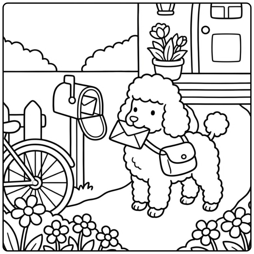 A Sweet Poodle Mail Delivering in the Garden coloring page