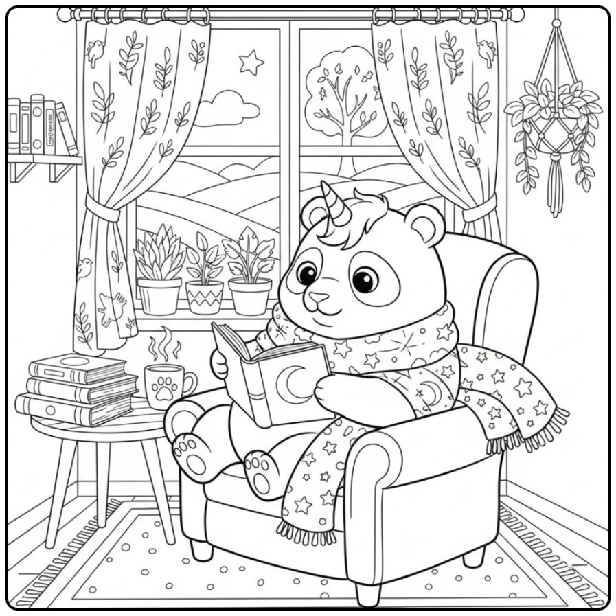 Sweet Unicorn Panda in a Comfortable Chair coloring page