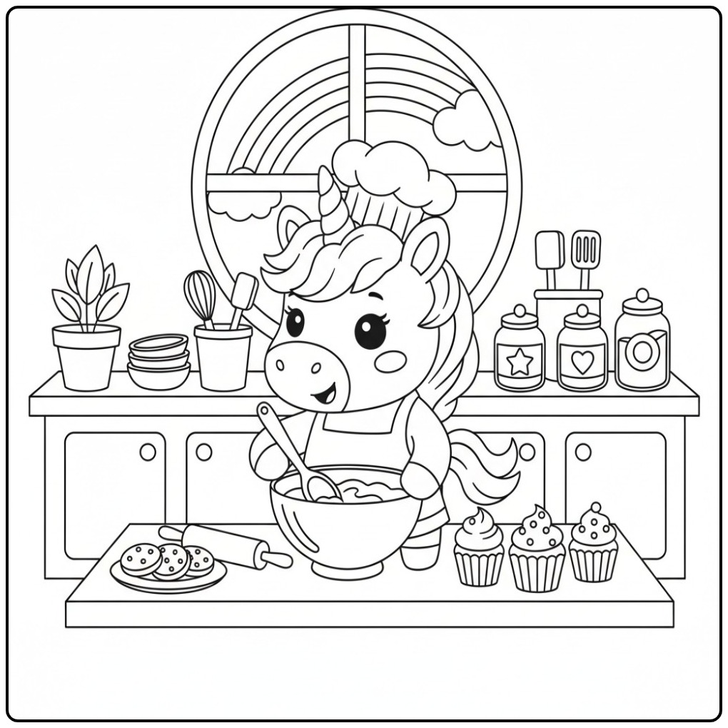 A Magical Baking Day with the Unicorn Rainbow coloring page