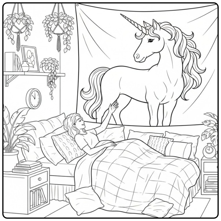Magical Droom with a Unicorn Easy coloring page