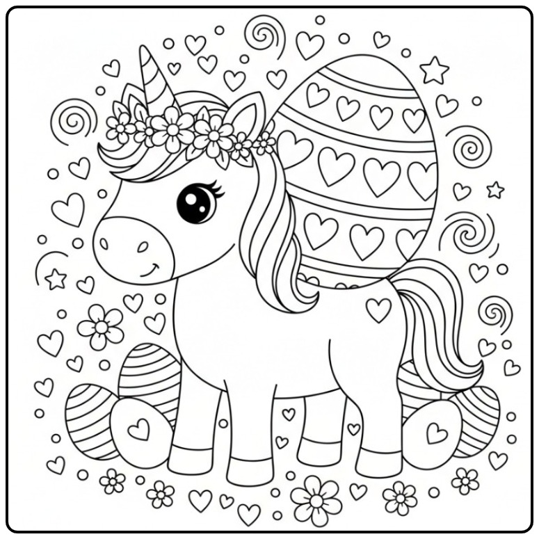 A Magical Unicorn with Hearts for Easter coloring page