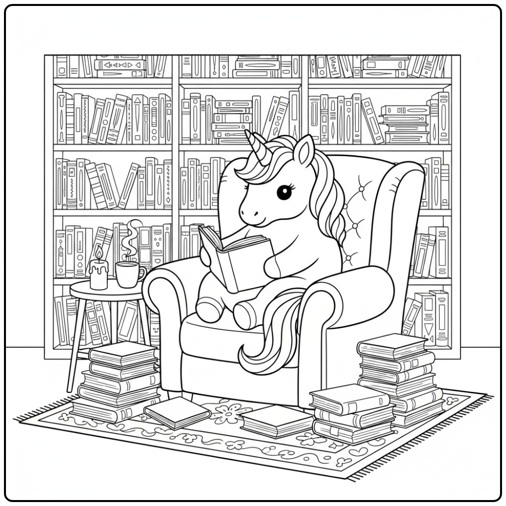 A Magical Unicorn Cute with Heel Many Books coloring page