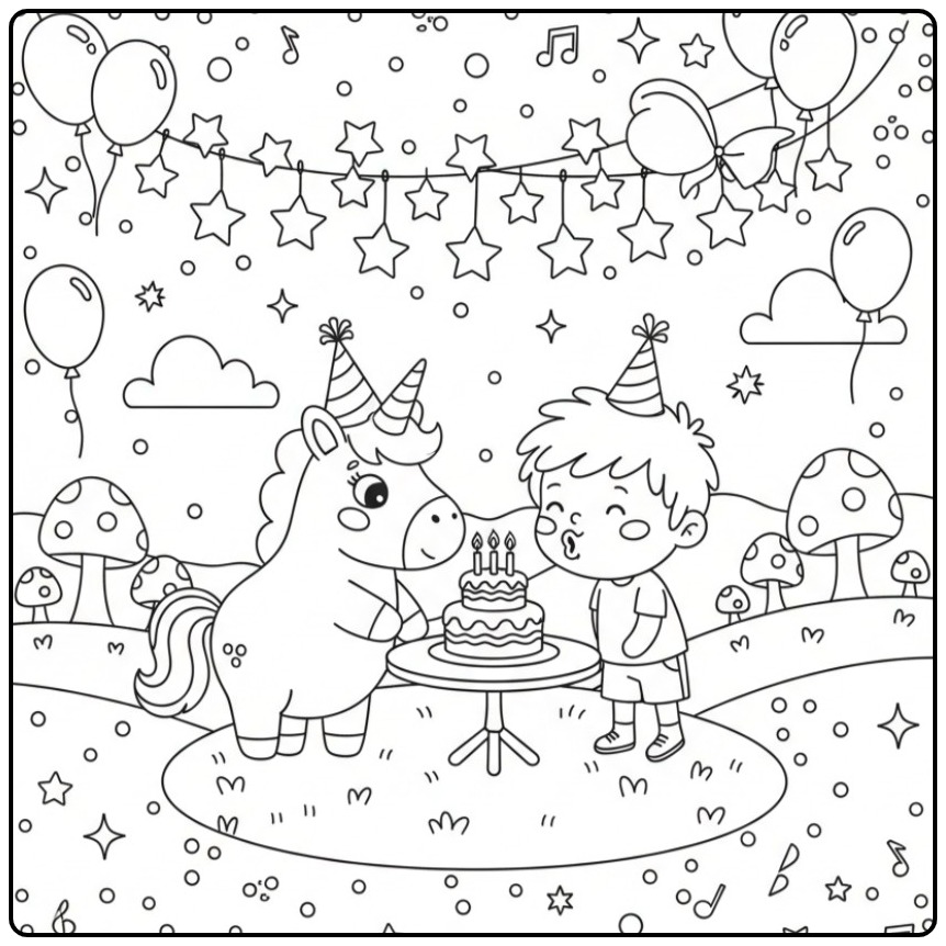 A Magical Unicorn Birthday Party with Friends coloring page