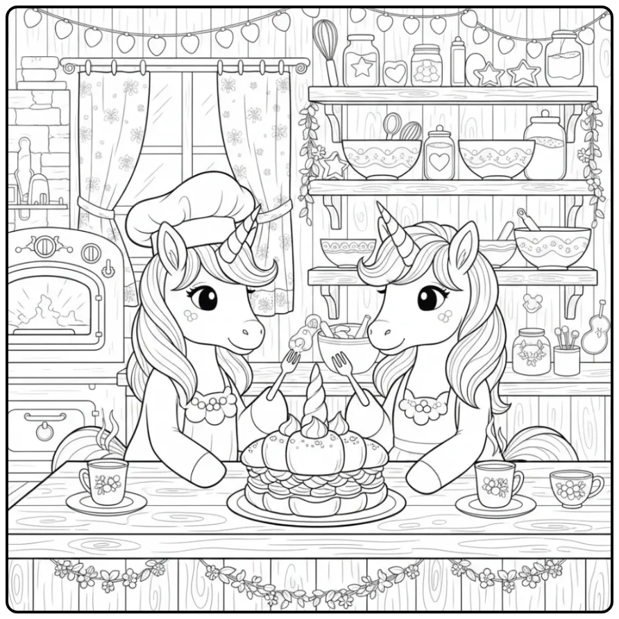 Magical Unicorn Cake in a Cozy Bakery coloring page