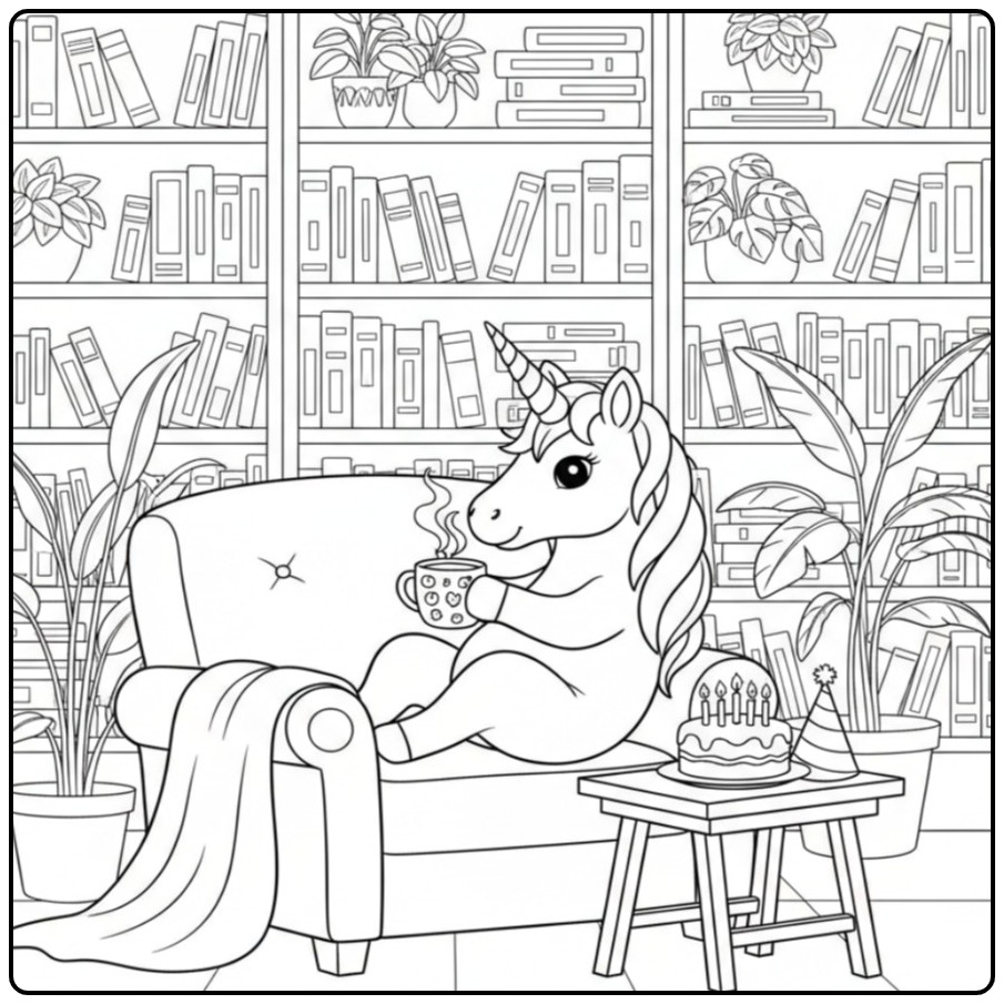 A Magical Unicorn Birthday with Cake and Tea coloring page